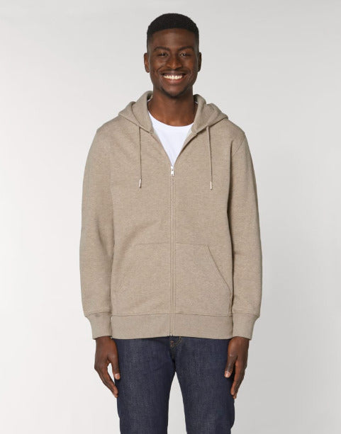 Le sweatshirt unisexe à capuche et à fermeture éclair en coton bio